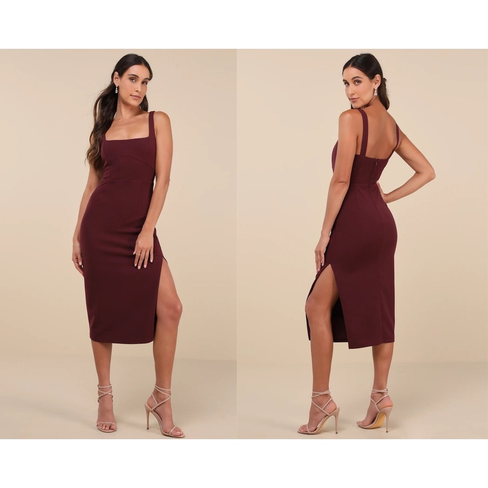 Lulus Vibrant Allure Plum Square Neck Sleeveless Bodycon Midi Dress Size Medium